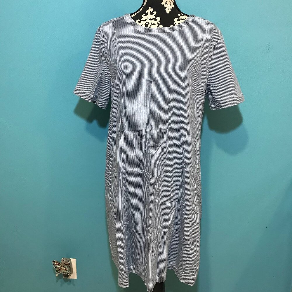 Caslon Woman's Blue & White Striped Denim Frock Dress EUC Large L Casual Career - Picture 2 of 13